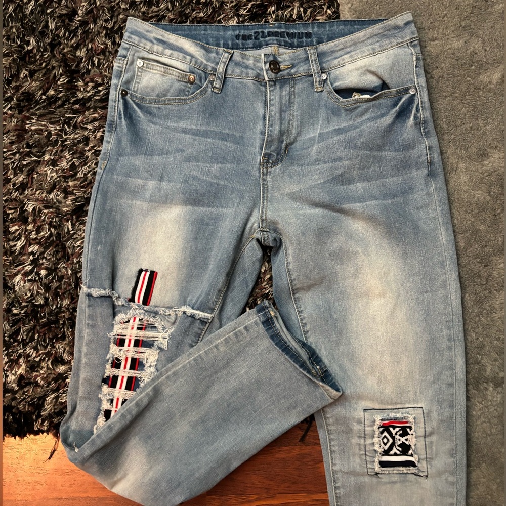 Rue21 premium jeans disstressed patches look